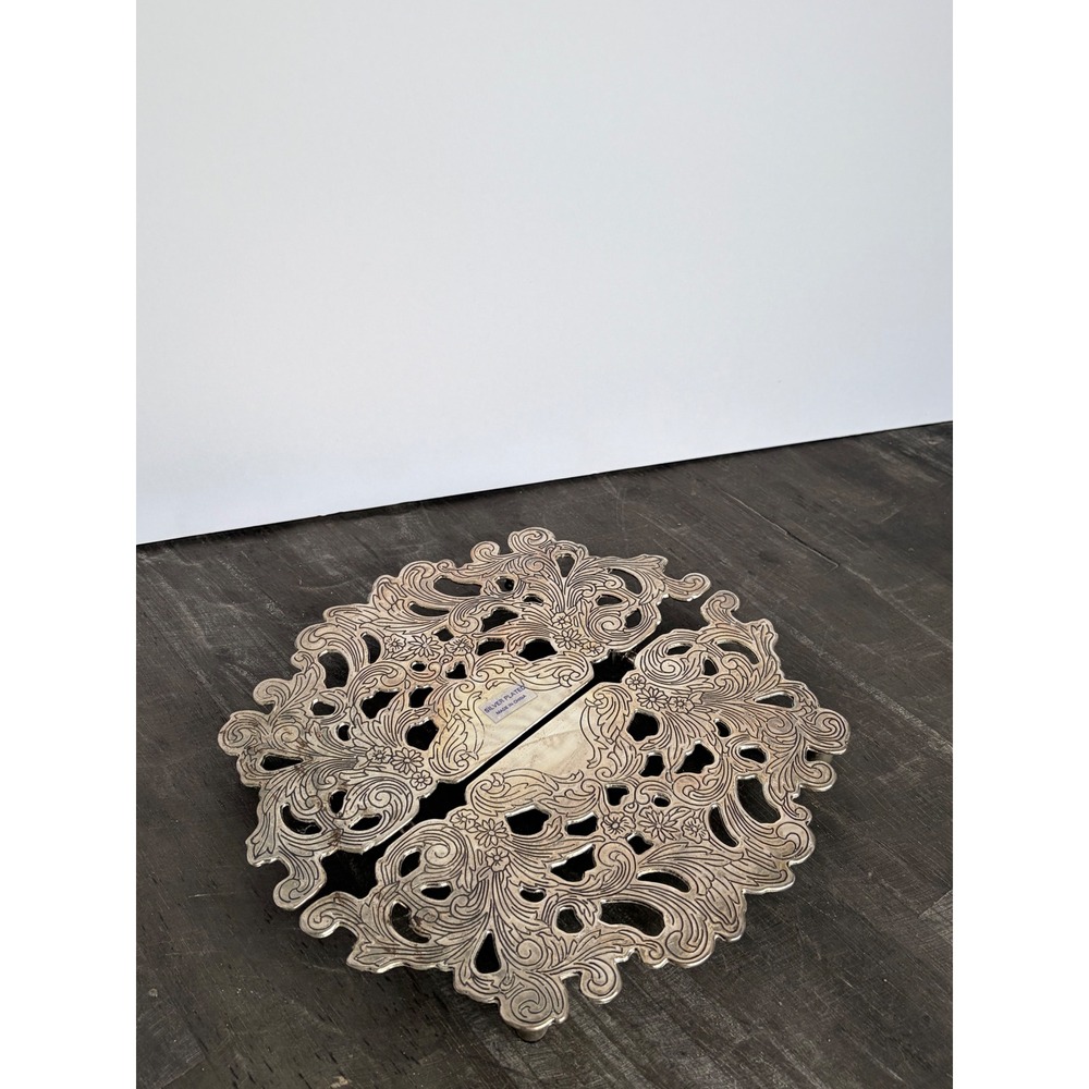 Vintage Silver Plated Expandable Trivet Ornate Floral Scroll Filigree Design